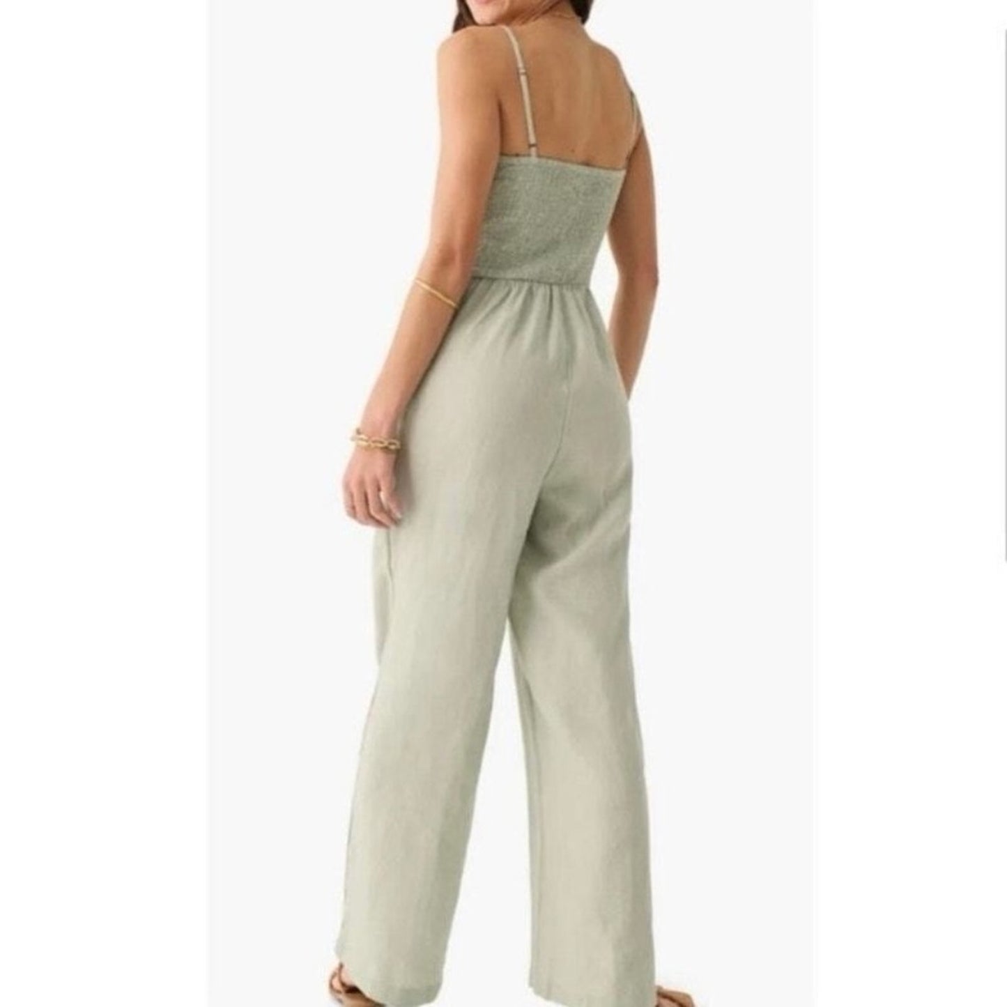 Faherty Mandy Smocked Linen Jumpsuit Sage Green - size large