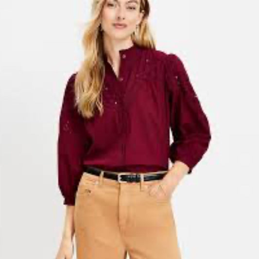 Loft Eyelet Ruffle Neck Blouse - size Large
