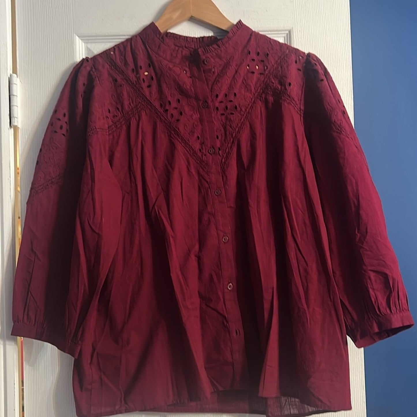 Loft Eyelet Ruffle Neck Blouse - size Large