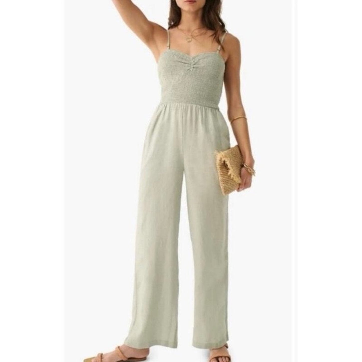 Faherty Mandy Smocked Linen Jumpsuit Sage Green - size large
