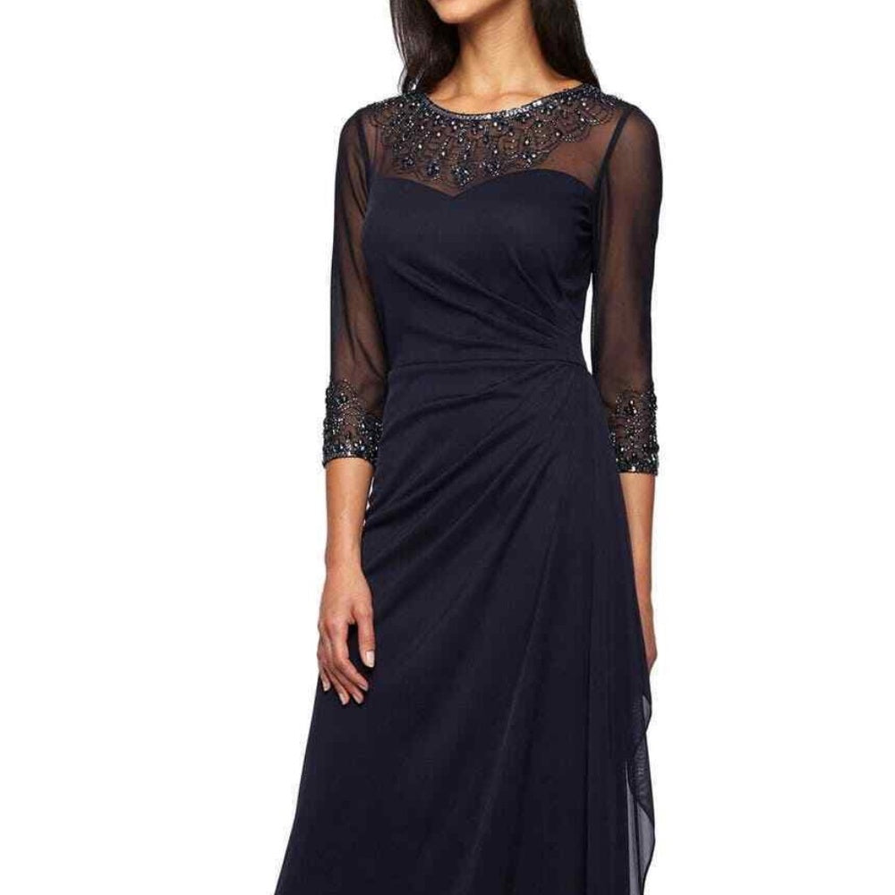 NWT Alex Evenings Womens SZ 14 Dark Navy Long Sleeve Jeweled Formal 132833  $239