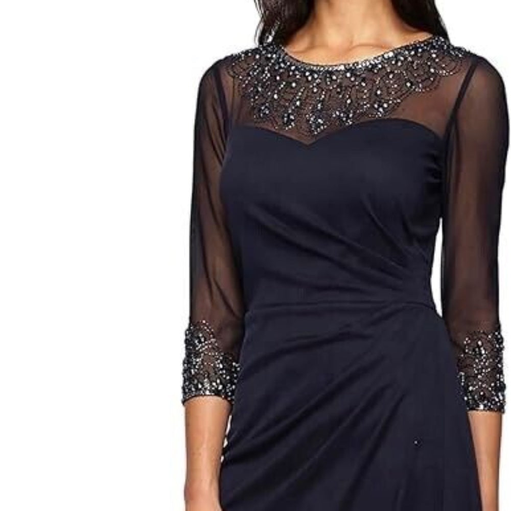 NWT Alex Evenings Womens SZ 14 Dark Navy Long Sleeve Jeweled Formal 132833  $239