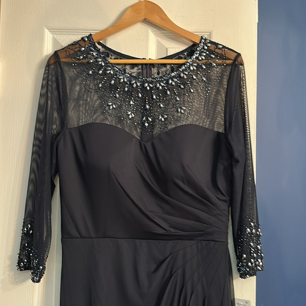 NWT Alex Evenings Womens SZ 14 Dark Navy Long Sleeve Jeweled Formal 132833  $239