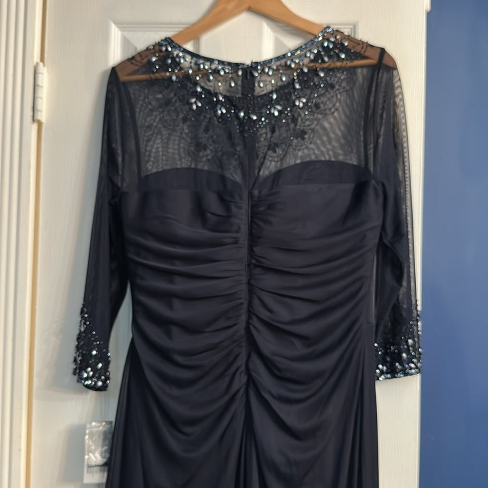 NWT Alex Evenings Womens SZ 14 Dark Navy Long Sleeve Jeweled Formal 132833  $239